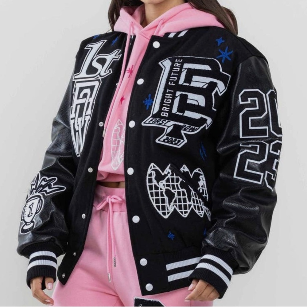 Black Varsity Jacket with Graphic Patches - Picture 3 of 7